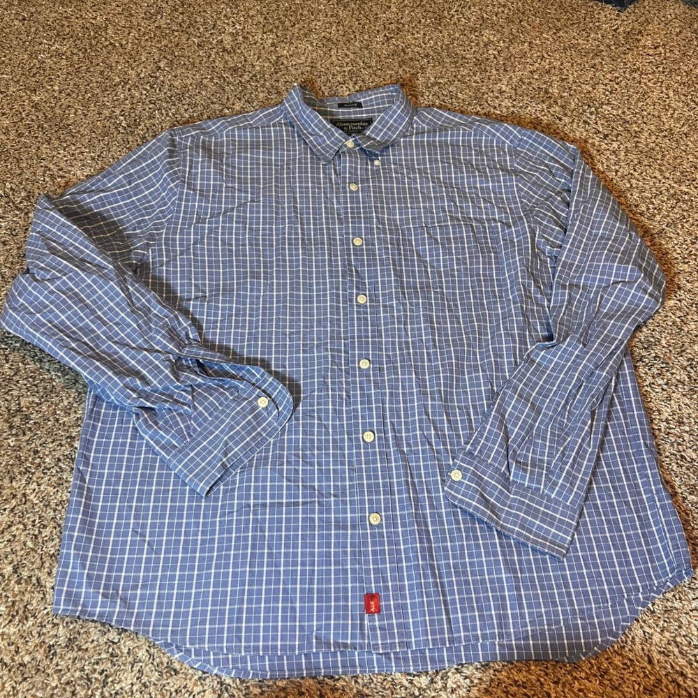 Abercrombie & Fitch Muscle Fit Plaid Button Down Shirt Blue‎ White XL